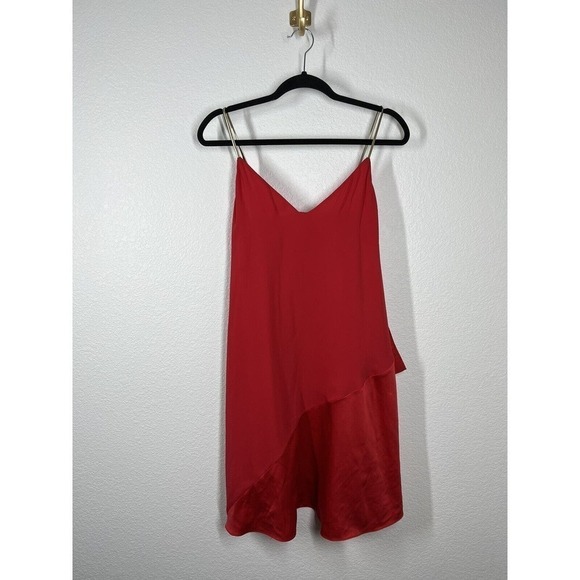 Halston Heritage XS Red Mini Dress Chiffon Satin Chain Straps - Picture 1 of 8